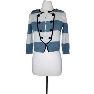 Loft Petites SP Sweater Cardigan Gray White Stripe Knit Thick Nautical P…